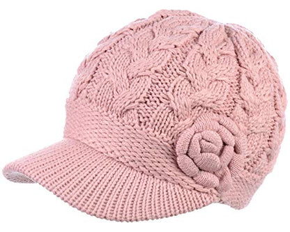 BYOS Womens Winter Chic Cable Warm Fleece Lined Crochet Knit Hat W/Visor Newsboy Cabbie Cap - color: Cable W/ Flower Pastel Pink