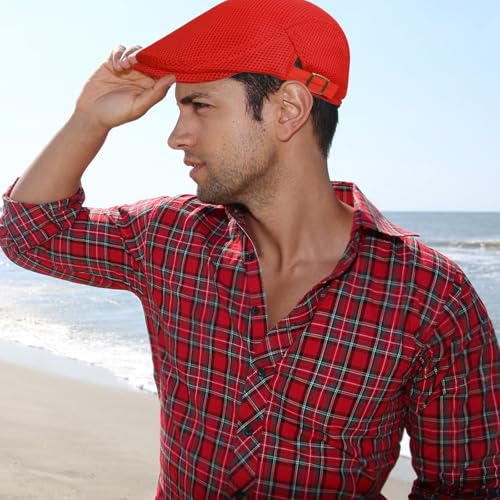 meioro Mens Breathable Mesh Summer Hat Adjustable Flat Cap Newsboy Beret Ivy Cap Irish Cabbie Fishing Hats - color: Red