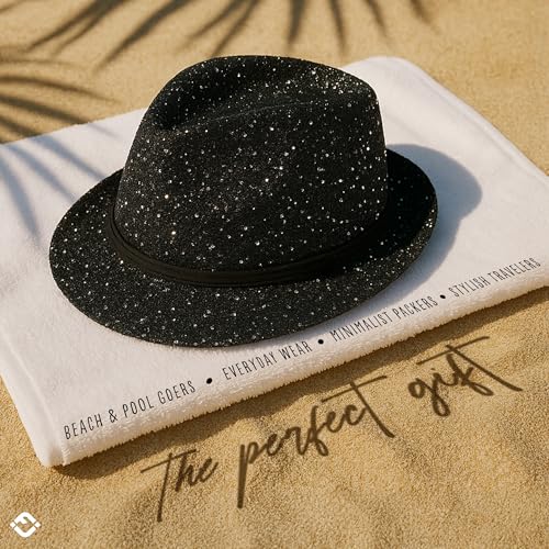 Funky Junque Short Brim Fedora Packable Sun Hat for Women - color: Sequin - Black