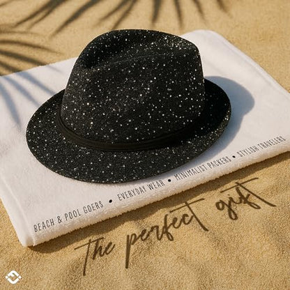 Funky Junque Short Brim Fedora Packable Sun Hat for Women - color: Sequin - Black