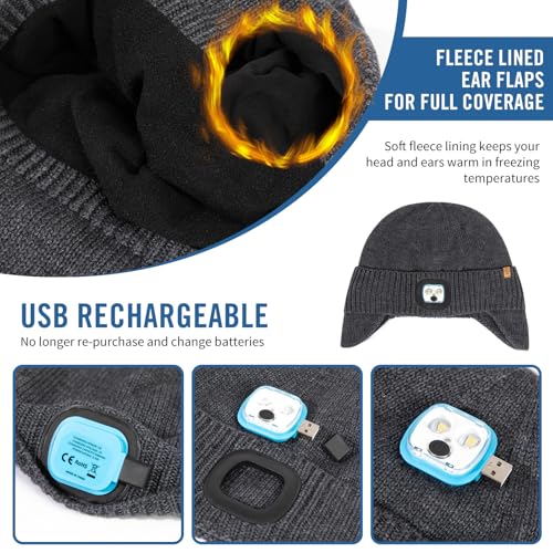 TOP-EX DryKnit™ Waterproof 50% Merino Wool LED Beanie Hat with Ear Flaps - color: Grey, size: X-Large-XX-Large
