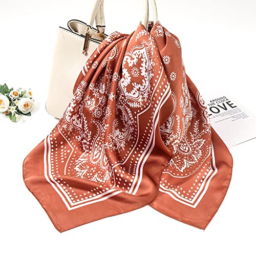 VANLINKER 27.5 Inches Silk Head Scarf for Women Men Vintage Bandanas Satin Hair Scarf Silk Wrap Neck Square Scarves VL9549 - color: C4 Caramel With White Pattern