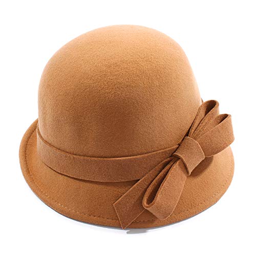 Ladies Wool Felt Bucket Hat Women Vintage Cloche Fedora Winter Church Bowler Hat with Bow - color: Khaki