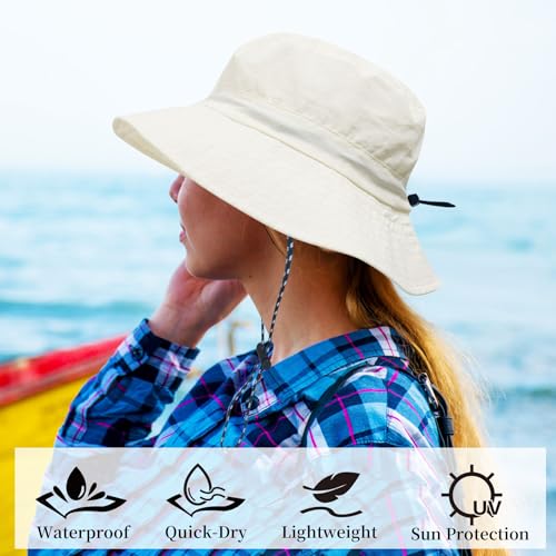 NPJY Packable Sun Bucket Hat for Women Outdoor Waterproof Rain Hat - color: Beige (Packable)