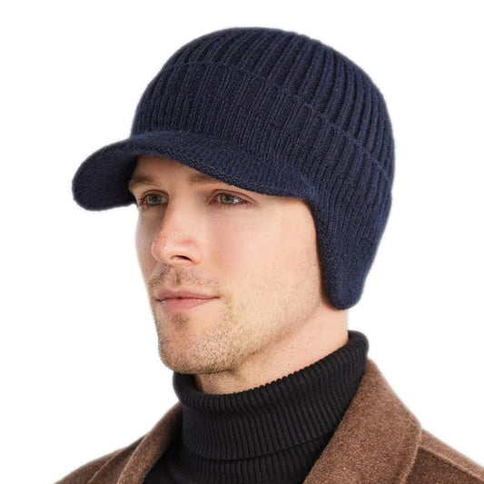 Men Earflap Beanie Knitted Lined Skullies Baseball Cap Windproof Neck Warmer - color: Navy
