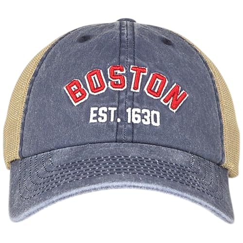 E BY ELIDAN Boston EST 1630 Dad Hat, Embroidered Cotton Baseball Cap - color: Vintage Navy - Khaki