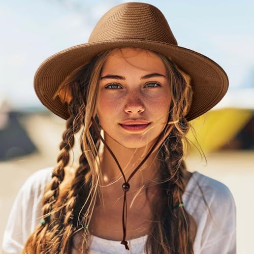 AQOKKA Summer Straw Fedora Hat for Women Men Travel Panama Hat with Wide Brim Roll Up Sun Hat for Beach Outdoor UPF 50+ - color: Panama Hat : Coffee a