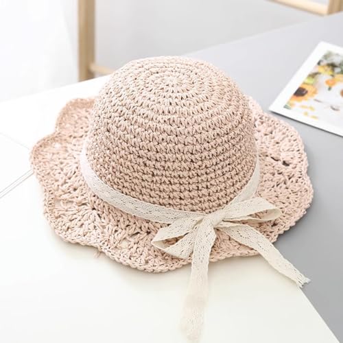 Girls Straw Hat with Flower Round Sunglasses, Summer Foldable Large Brim Sunflower Bowknot Beach Toddler Straw Sun Hat, 2-6T - color: Beige-bow
