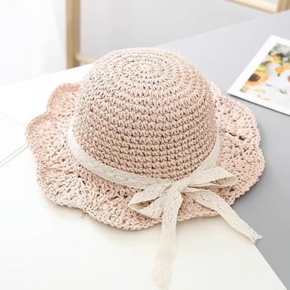 Girls Straw Hat with Flower Round Sunglasses, Summer Foldable Large Brim Sunflower Bowknot Beach Toddler Straw Sun Hat, 2-6T - color: Beige-bow