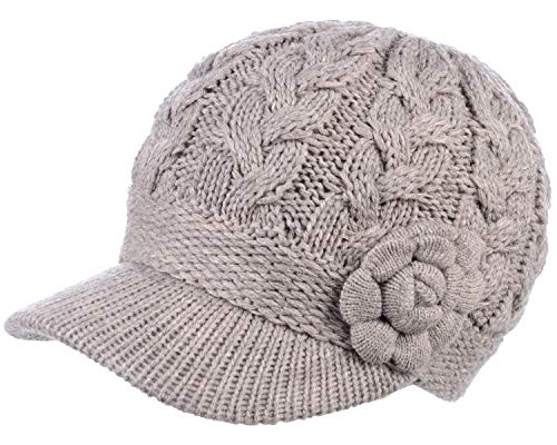 BYOS Womens Winter Chic Cable Warm Fleece Lined Crochet Knit Hat W/Visor Newsboy Cabbie Cap - color: Cable W/ Flower Beige