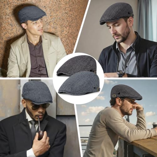 Senker Fashion 2 Pack Newsboy Cap for Men, Wool Blend Tweed Flat Cap - color: Black Blue