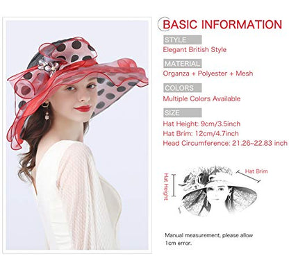 Z&X Organza Church Fascinator Wedding Tea Party Derby Hats for Women Flower Wide Brim Sun Hats - color: 05a Red