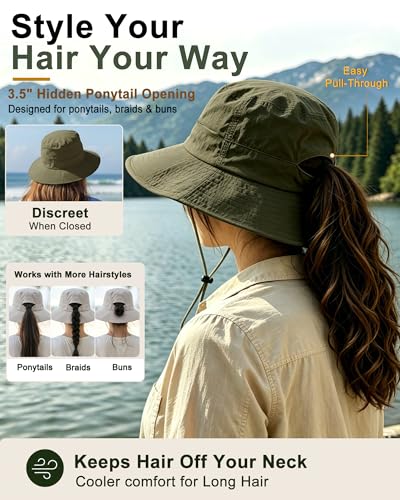 Womens Sun Hat Ponytail Packable UPF 50+ Waterproof Bucket Hat with Ponytail Hole for Beach Hiking Travel - color: Army Green