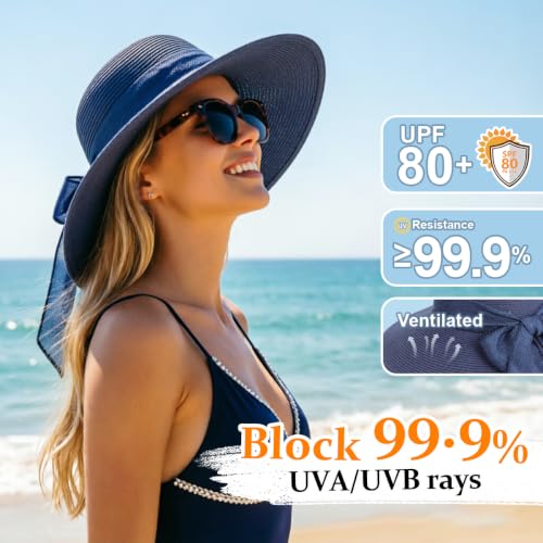 DRESHOW Sun Hats for Women Summer Wide Brim Beach Straw Hat Bowknot Bucket Hats Foldable Floppy Beach Sun Hat UPF 50+ - color: 1 Pack Bowknot Ribbon Hat: Navy Blue
