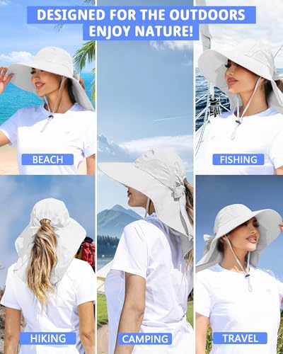 Womens Sun Hat Outdoor UV Protection Wide Brim Fishing Hat with Ponytail Hole Neck Flap for Beach Hiking Camping - color: White