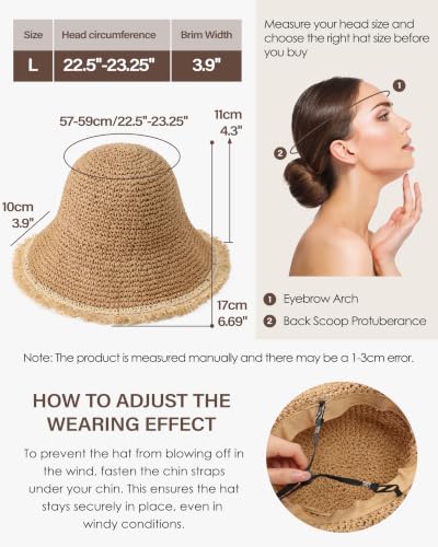 Beach Hats for Women, Straw Bucket Hats Packable Wide Brim - color: Khaki