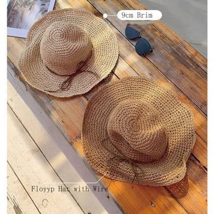 Women Straw Sun Hat Summer Beach Hats Foldable Floppy Cap Wide Brim Bucket Hat Solid Handmade Sun Protection Caps - color: Beigea