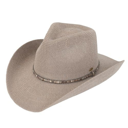C.C Knitted Cowboy Hat for Women Lightweight Woven Western Hat with Multicolor Trim Band, Wide Brim Summer Sun Hat - color: Lt. Grey