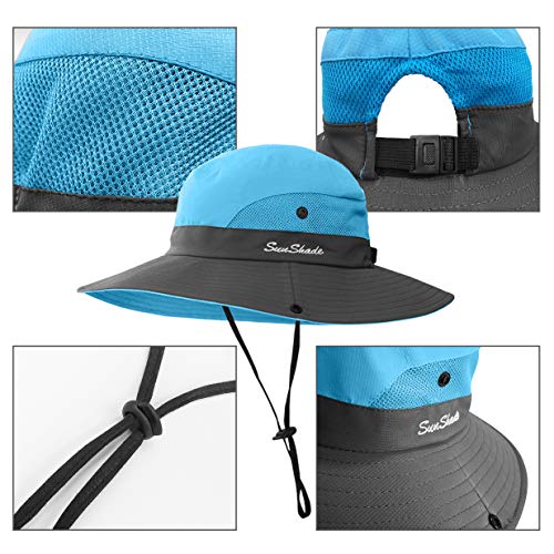 LCZTN Kids Ponytail Sun Hat Wide Brim UV Protection for Girls Beach Bucket Cap - color: Sky Blue, size: Medium