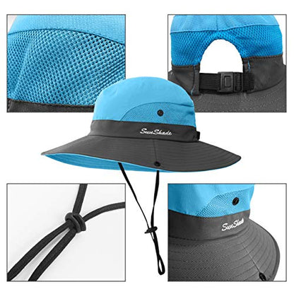 2 Pieces 5-14Y Kids Summer Sun Hat Wide Brim UV Protection for Girls Ponytail Beach Bucket Cap - color: Purple＆sky Blue