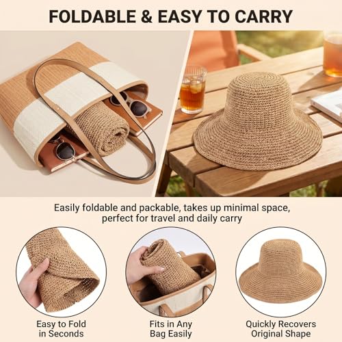 Womens Sun Hat Straw Hat Wide Brim Foldable Roll-Up Beachwear Sun Hat Summer Beach Hat (Khaki)