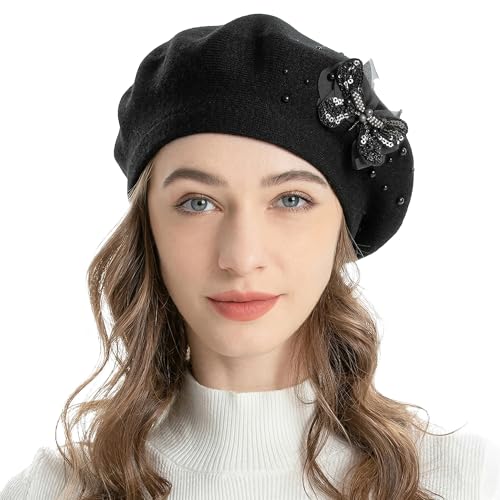 ZLYC Women French Beret Hat Reversible Solid Color Mosaic Warm Artist Cap - color: Butterfly Black