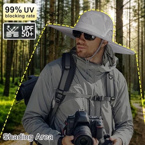 Cooltto L/XL/XXL Wide Brim Sun Hat UPF 50+ UV Protection Boonie Hat - color: Light Gray, size: Medium-Large