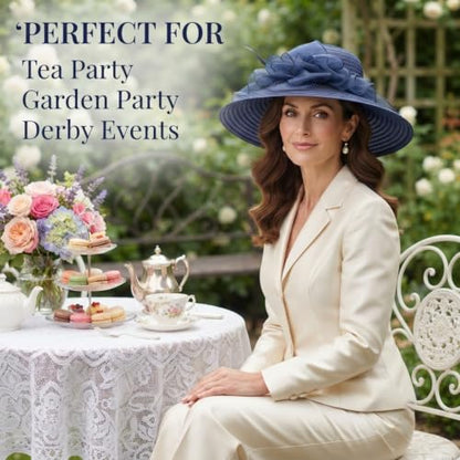 Wide Brim Church Hat for Women with Organza Flower Accent Ladies Dress Hat - color: Navy