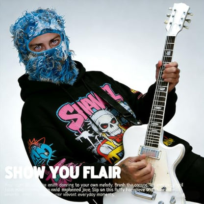 Distressed Ski Mask Balaclava, Yeat Shiesty Knitted Full-Face Mask - color: Camoblue