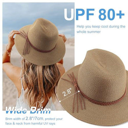 DRESHOW Women Straw Panama Hat Travel Fedora Beach Sun Hat Summer Wide Brim Straw Roll up Hat UPF 50+ - color: Straw Hat With Braided Band: Coffee
