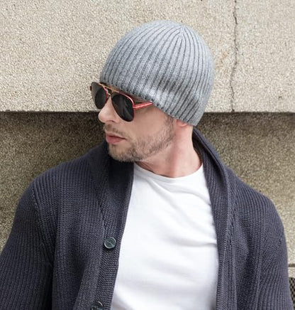 ZLYC Men Winter Knit Fisherman Beanie Hat Fashion Warm Daily Skull Cap - color: Solid Gray