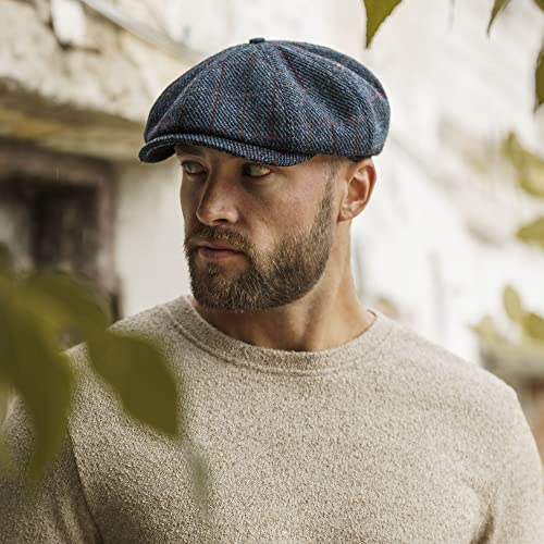 Sterkowski Shelby | 100% Harris Tweed Newsboy Cap for Men | 8 Panel Peaky Style Hat - color: Blue/Red Check, size: 6 7/8