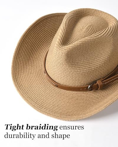 FURTALK Cowboy Sun Hats for Women Men Western Cowgirl Hats with Wind Lanyard Beach Hat - color: Khaki, size: Large-X-Large