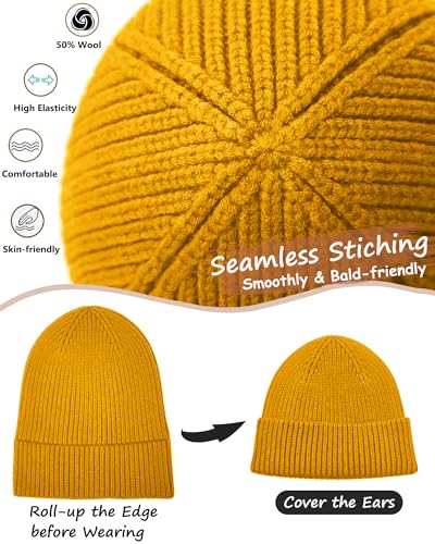 Wool Beanie for Men Women, Seamless Knit Cuffed Warm Winter Hats - color: 1pcs-yellow