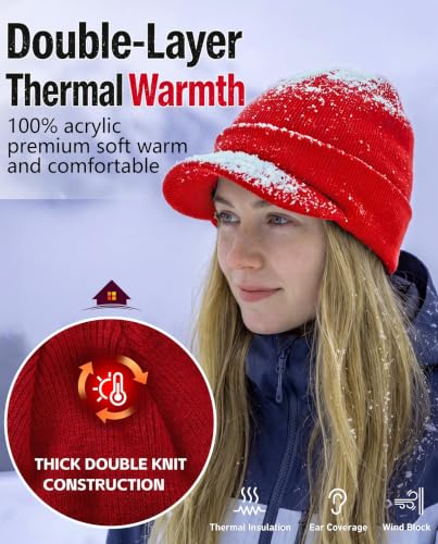 Home Prefer Men's Winter Beanie Hat with Brim Warm Double Knit Cuff Beanie Cap Watch Radar Hat - color: Red