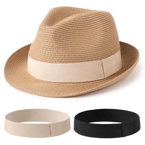DRESHOW Women Straw Panama Hat Travel Fedora Beach Sun Hat Summer Wide Brim Straw Roll up Hat UPF 50+ - color: 1 Pc Roll Up Hat: Khaki + 2 Replaceable Bands