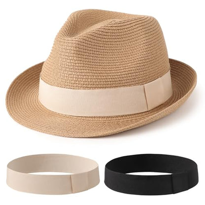 DRESHOW Women Straw Panama Hat Travel Fedora Beach Sun Hat Summer Wide Brim Straw Roll up Hat UPF 50+ - color: 1 Pc Roll Up Hat: Khaki + 2 Replaceable Bands