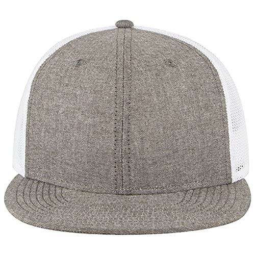 Ashen Fane 6 Panel Mid Profile Mesh Back Structured Trucker Adjustable Snapback Hat - color: Chambray Charcoal/White