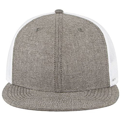 Ashen Fane 6 Panel Mid Profile Mesh Back Structured Trucker Adjustable Snapback Hat - color: Chambray Charcoal/White