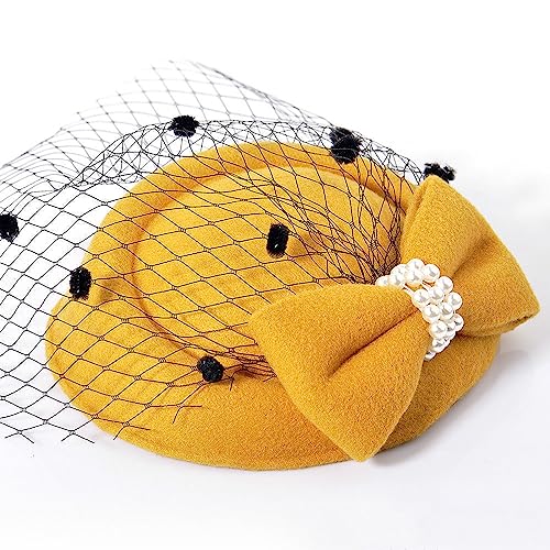 Fascinators Hats Pillbox Hat for Girl and Women - color: Yellow-fascinator With Bowknot Veil