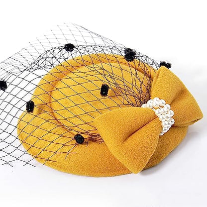 Fascinators Hats Pillbox Hat for Girl and Women - color: Yellow-fascinator With Bowknot Veil