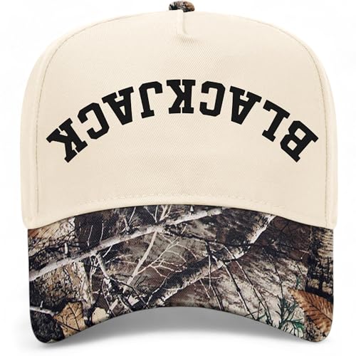 Blackjack Upside Down Reversed Vintage Trucker Hat | Premium Adjustable Snapback Baseball Hat for Men & Women - color: Tree Camo/Natural