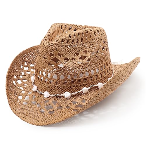 DRESHOW Straw Cowboy Cowgirl Hat for Women Men Western Coastal Cowboy Beach Hat with Shapeable Brim Unisex Rolled up Caps - color: Hollowed-out Straw Hat: Khaki
