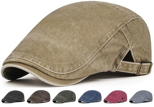 Initlove Mens Newsboy Cap Washed Beret Ivy Hat Flat Hats for Cabbie Driving - color: Khaki