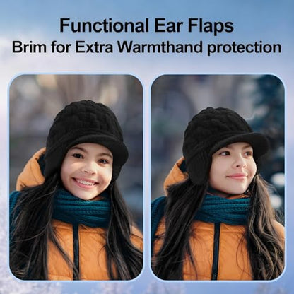 Jenaai Winter Beanie with Brim and Earflap for Woman Outdoor Warm Thermal Knitted Hat for Women Men Cold Weather - color: Black