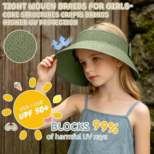 Girls Sun Visor Hat with Ponytail Hole Wide Brim Beach Straw Visor UPF 50+ - color: 1pack-grayish Green