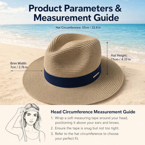 Straw Panama Hat for Men Women, Beach Sun Fedora Hat - color: Khaki-blue