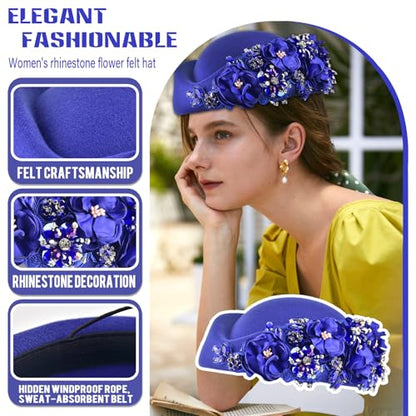 Women's Retro Stewardess Felt Hat, British Berets, Rhinestone Flower Decor, Ladies' Church Derby Hat - color: Blue