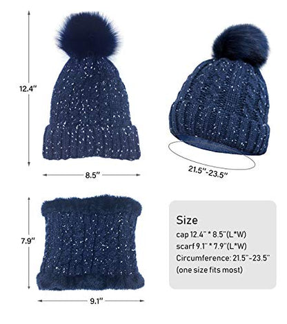 IYEBRAO Womens Winter Knit Beanie Hat and Scarf Set Girls Cute Slouchy Thick Fleece Lined Ski Hat Warm Skull Cap with Pom - color: Navy Blue