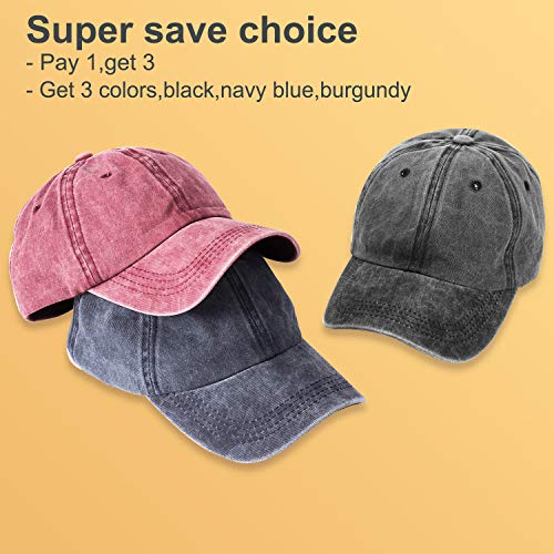 MEINICY 3 Packs Washed-Cotton Plain Baseball Cap, Adjustable Dad Hat - color: Black,blue+burgundy